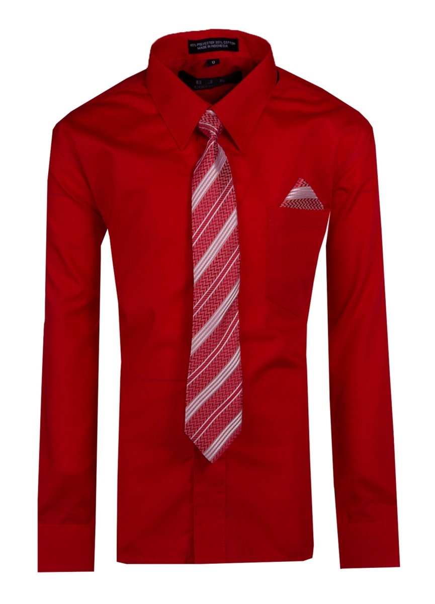 Boy's Dress Shirt with Designer Tie & Pocket Square – Formal Long Sleeve Button-Up in Multiple Colors 