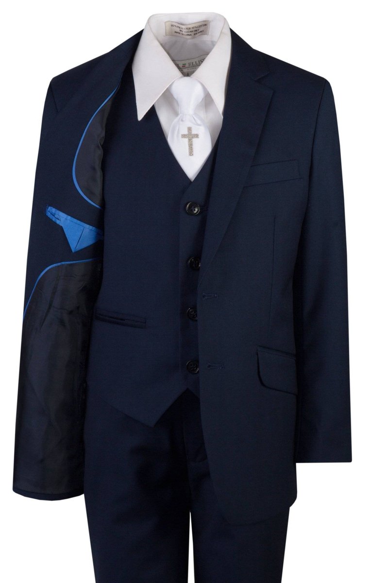 Navy Blue Slim Fit Communion Suit Religious Cross Neck Tie Boys Youth Sizes 