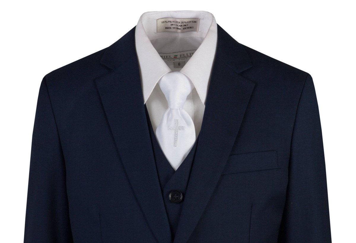 Navy Blue Slim Fit Communion Suit Religious Cross Neck Tie Boys Youth Sizes 