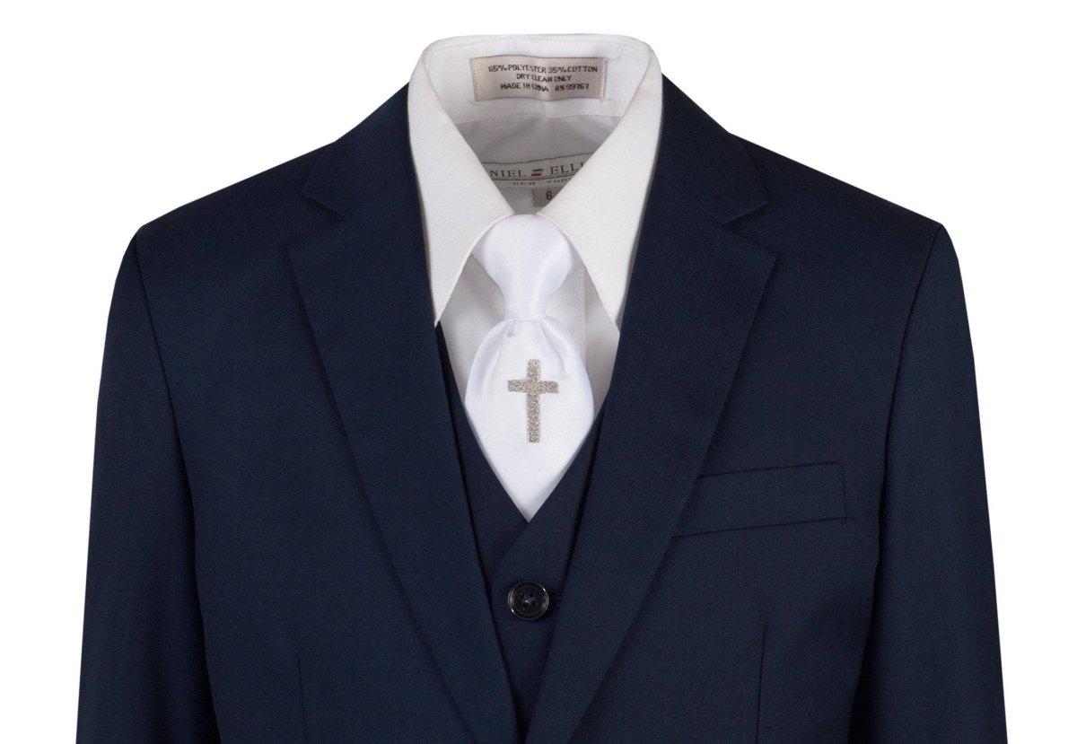 Navy Blue Slim Fit Communion Suit Religious Cross Neck Tie Boys Youth Sizes 