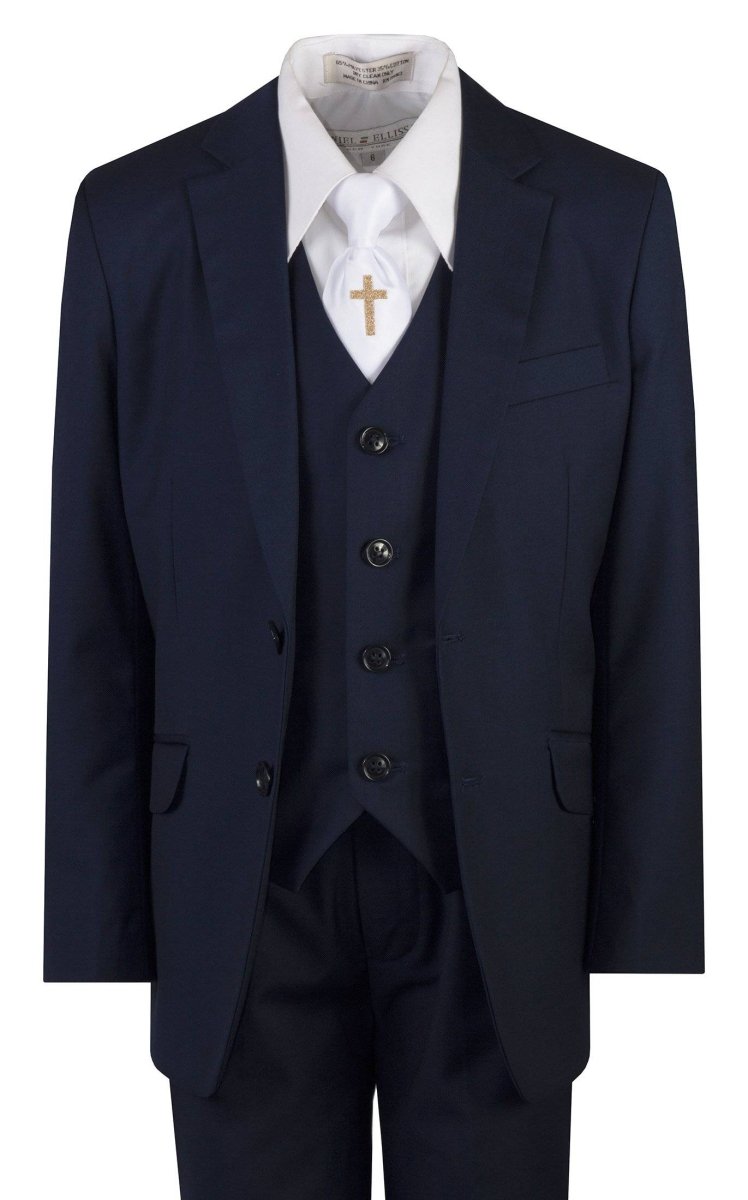 Navy Blue Slim Fit Communion Suit Religious Cross Neck Tie Boys Youth Sizes 