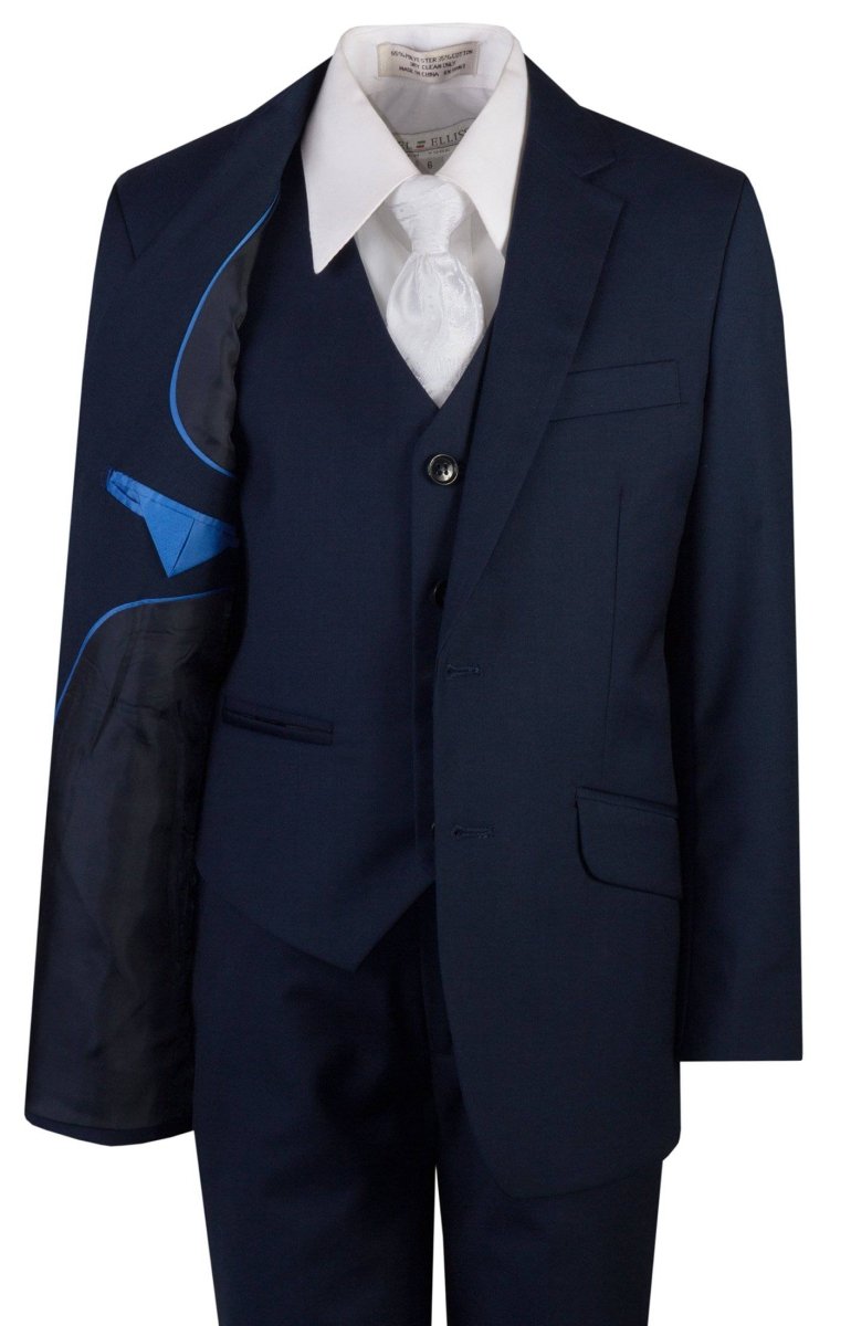 Navy Blue Slim Fit Suit Clergy Jacquard Neck Tie Boys and Youth Sizes 